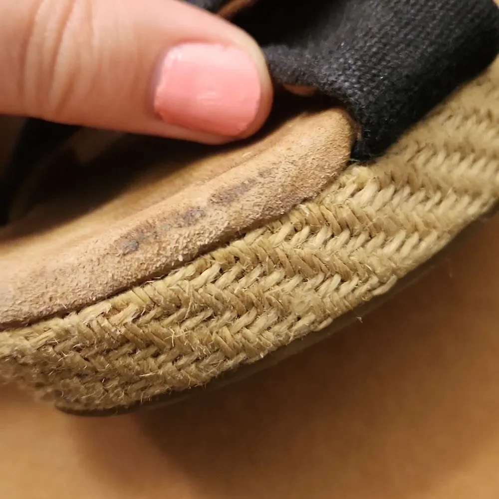 Toms Black & Tan Woven Espadrille Wedge Heels w/ Ankle Straps Size 7.5